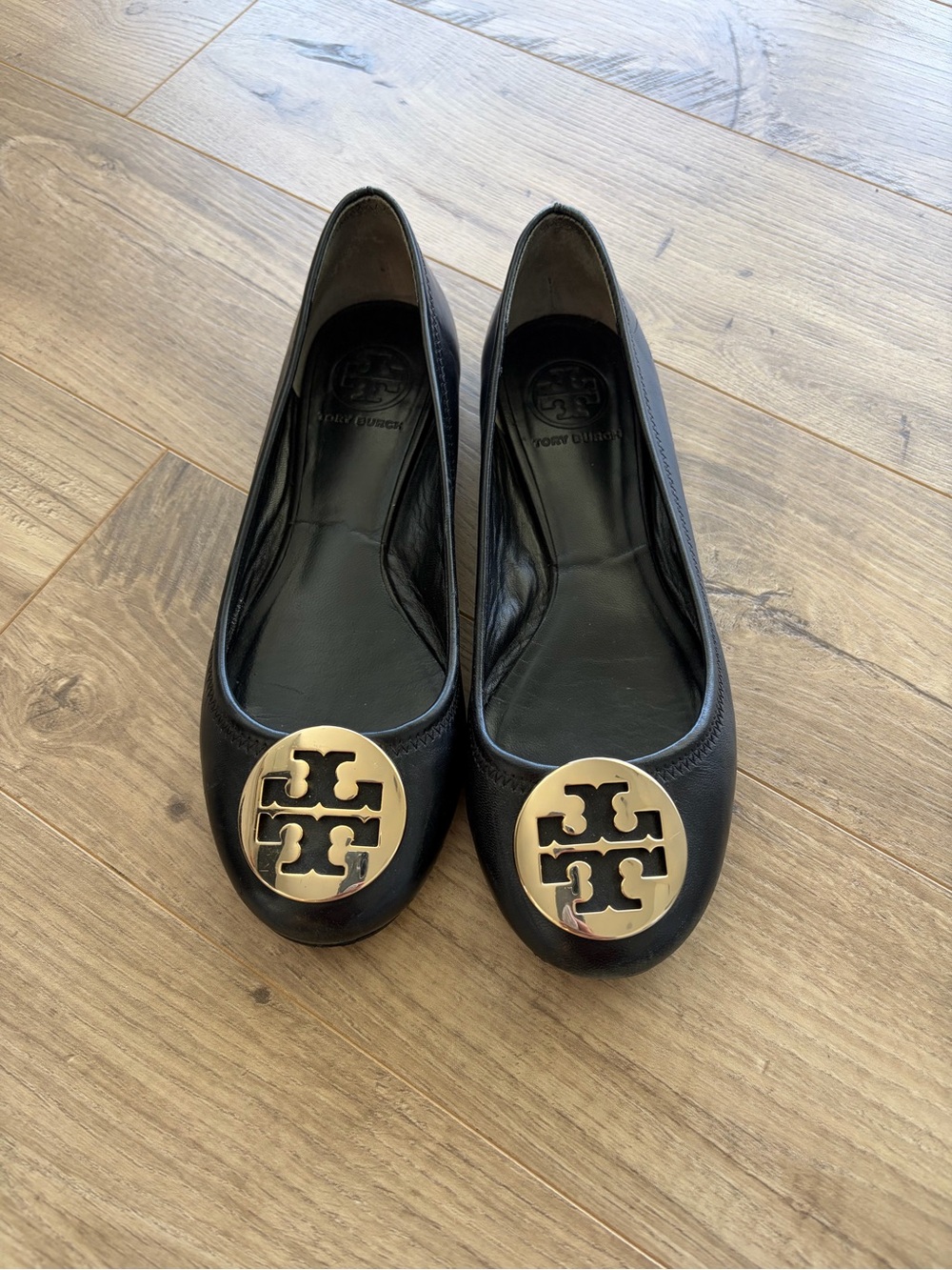 Tory Burch Black Leather Flats with Gold Logo Medallion